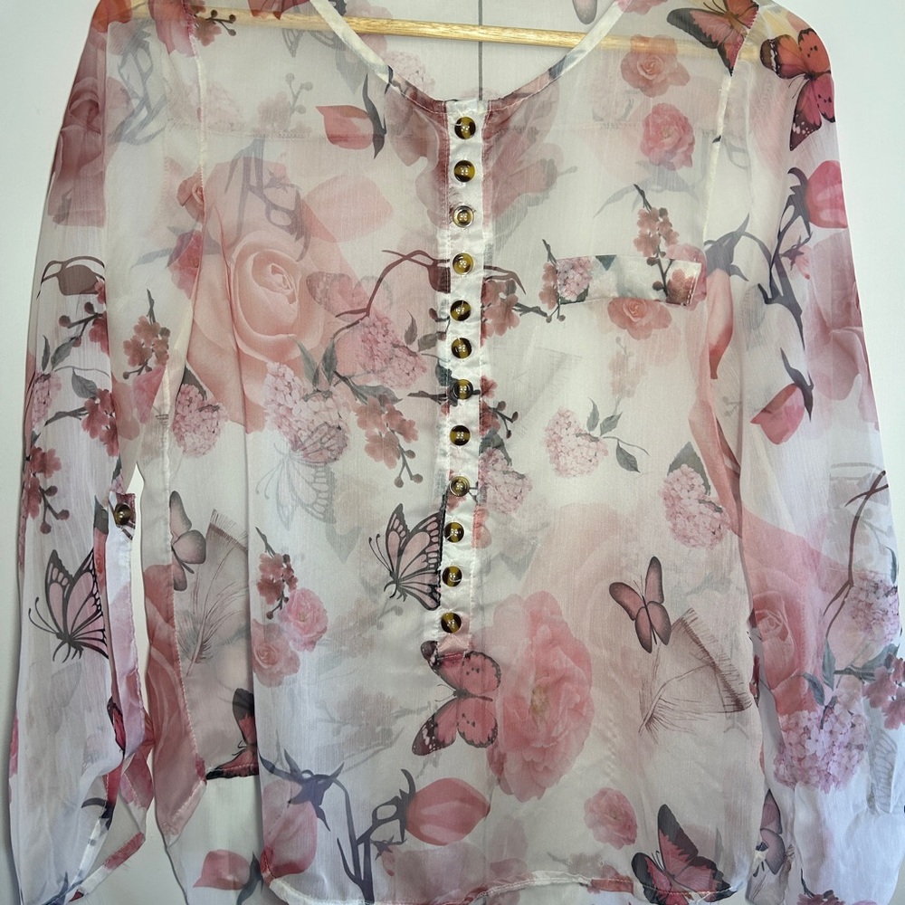 Floral Sheer Blouse with Pink and White Design
